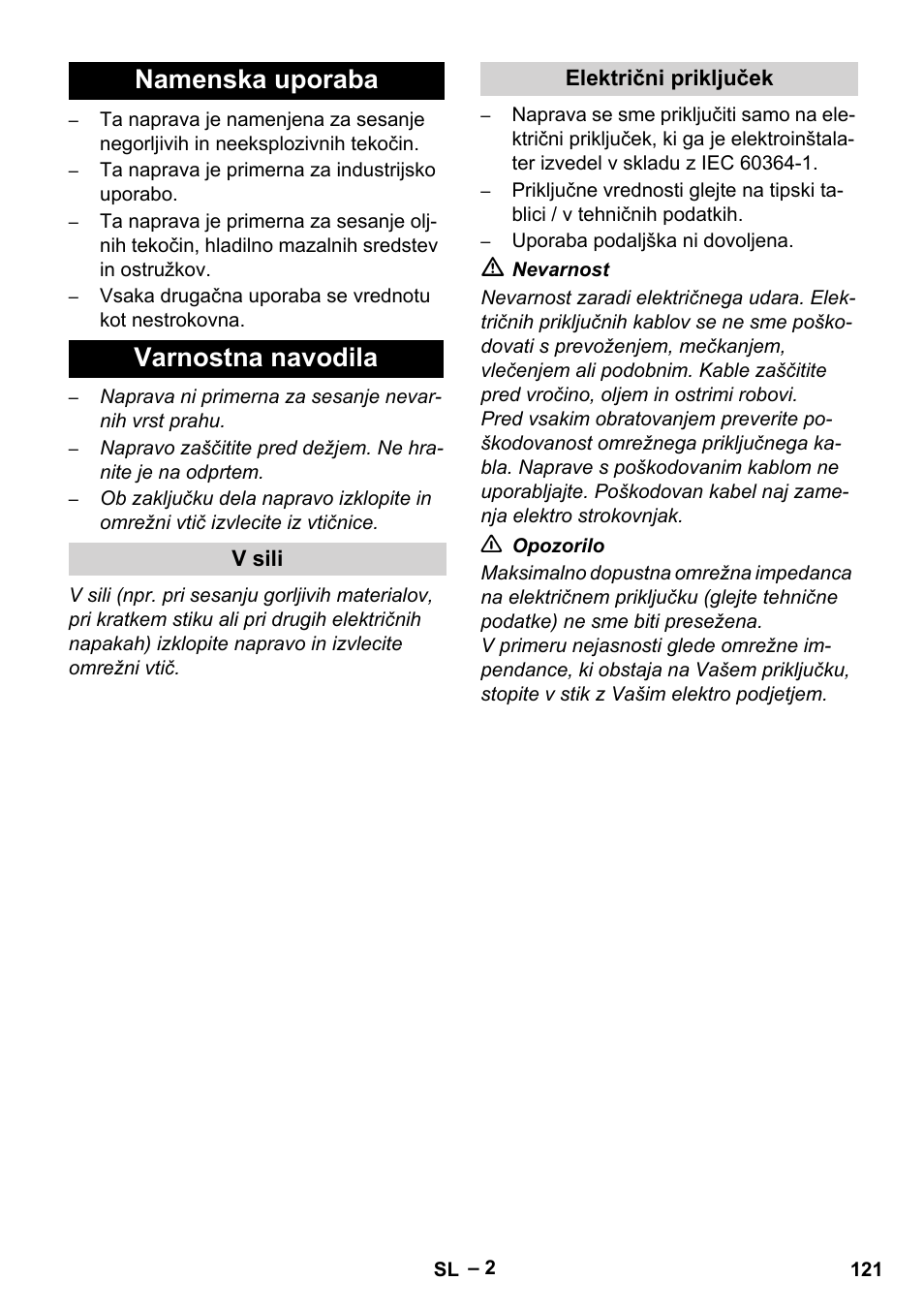 Namenska uporaba varnostna navodila | Karcher IVL 120-30 User Manual | Page 121 / 208