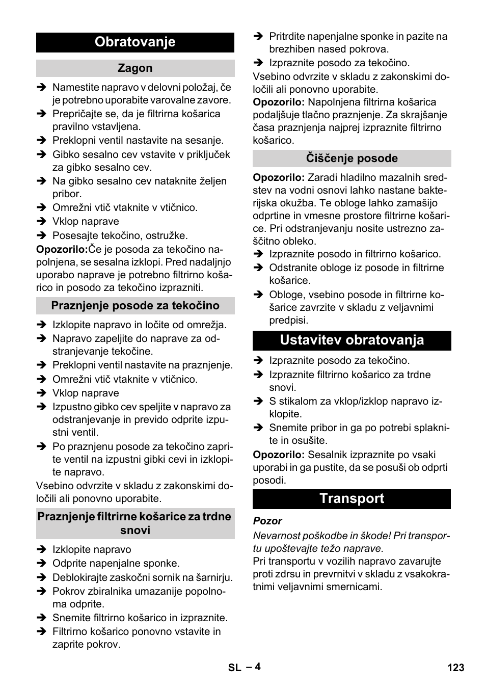 Obratovanje, Ustavitev obratovanja transport | Karcher IVL 120-30 User Manual | Page 123 / 208