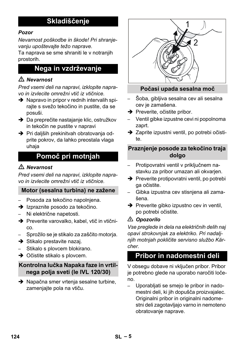 Skladiščenje nega in vzdrževanje pomoč pri motnjah, Pribor in nadomestni deli | Karcher IVL 120-30 User Manual | Page 124 / 208