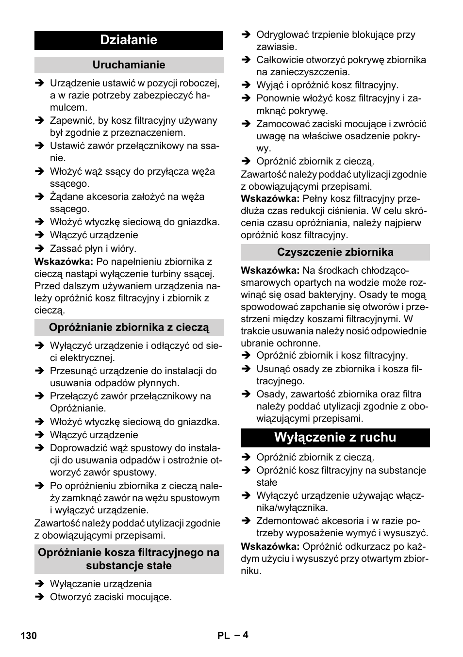Działanie, Wyłączenie z ruchu | Karcher IVL 120-30 User Manual | Page 130 / 208