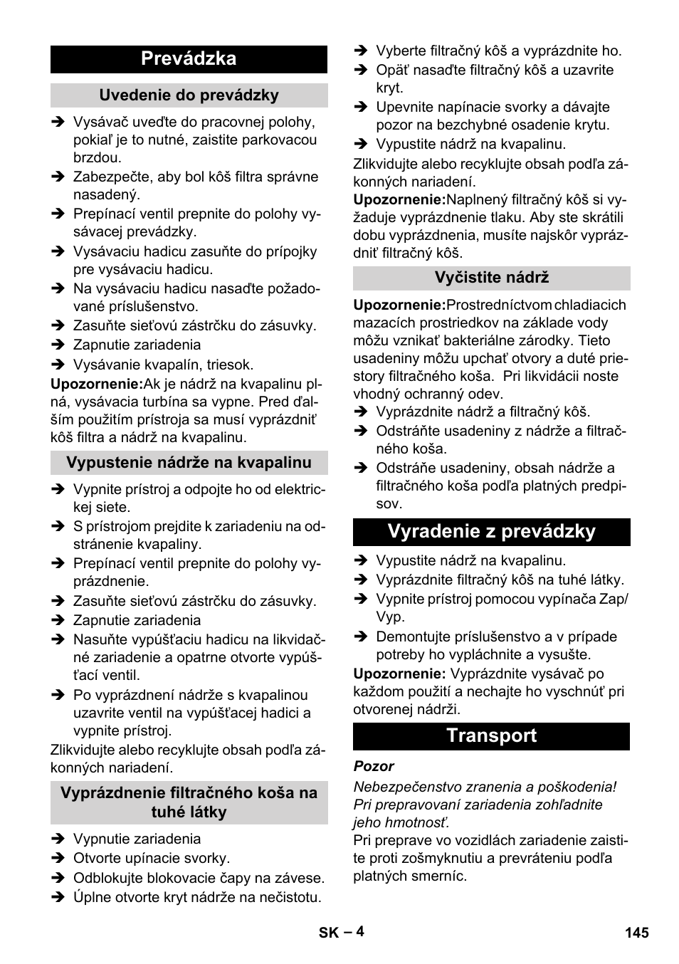 Prevádzka, Vyradenie z prevádzky transport | Karcher IVL 120-30 User Manual | Page 145 / 208
