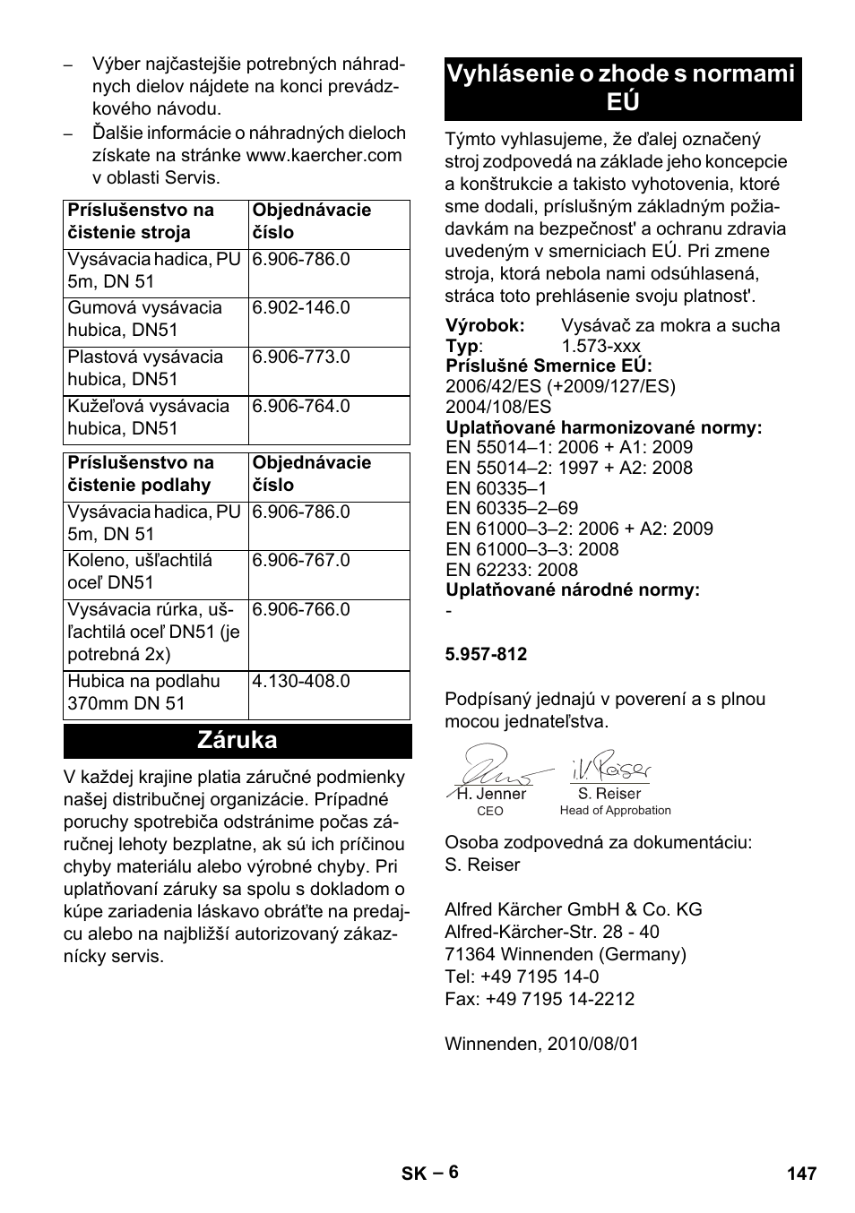 Záruka vyhlásenie o zhode s normami eú | Karcher IVL 120-30 User Manual | Page 147 / 208