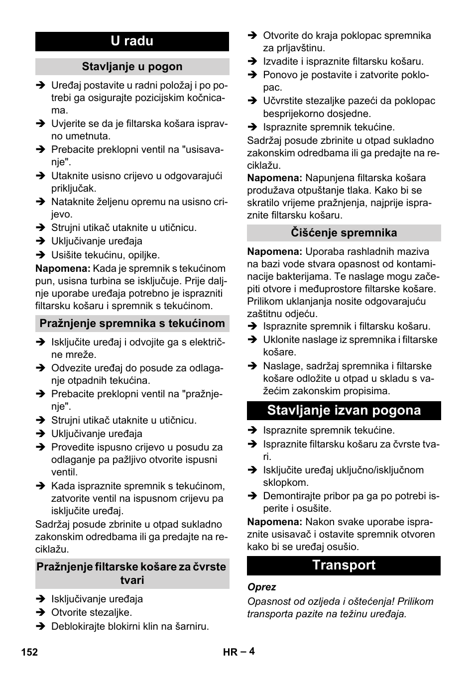 U radu, Stavljanje izvan pogona transport | Karcher IVL 120-30 User Manual | Page 152 / 208
