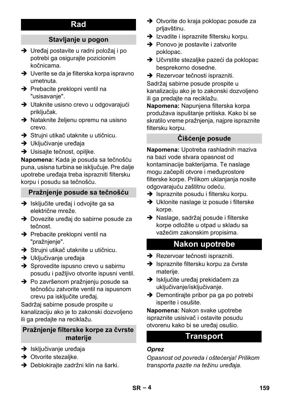 Nakon upotrebe transport | Karcher IVL 120-30 User Manual | Page 159 / 208