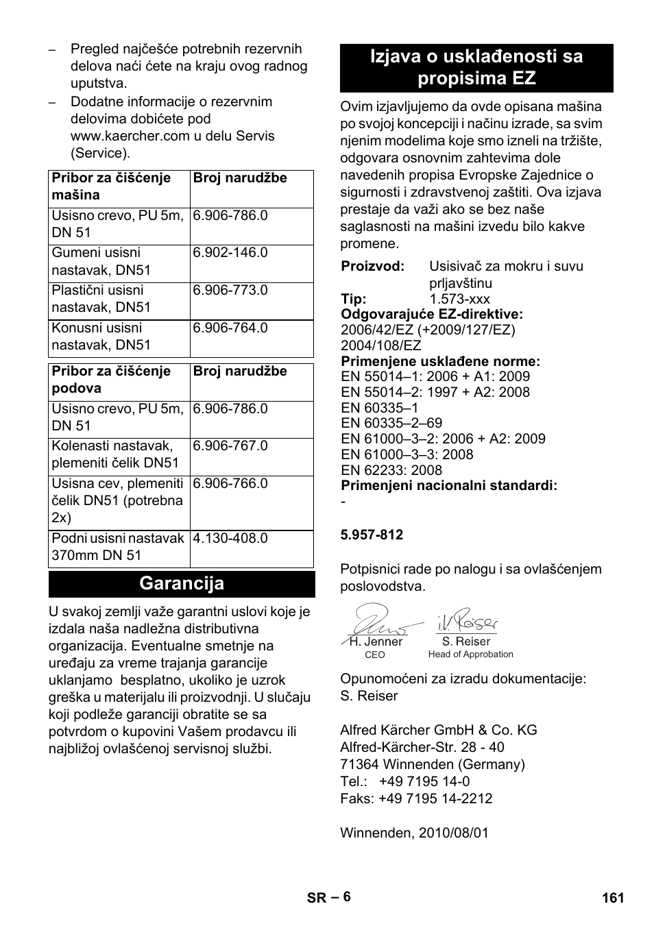 Garancija izjava o usklađenosti sa propisima ez | Karcher IVL 120-30 User Manual | Page 161 / 208