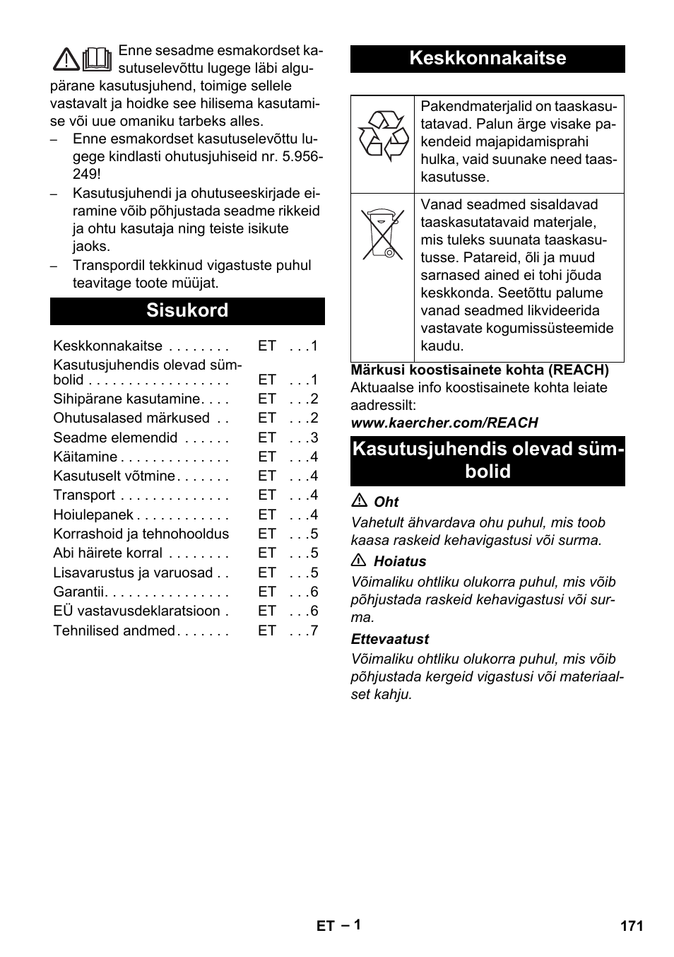 Eesti, Sisukord, Keskkonnakaitse | Kasutusjuhendis olevad süm- bolid | Karcher IVL 120-30 User Manual | Page 171 / 208