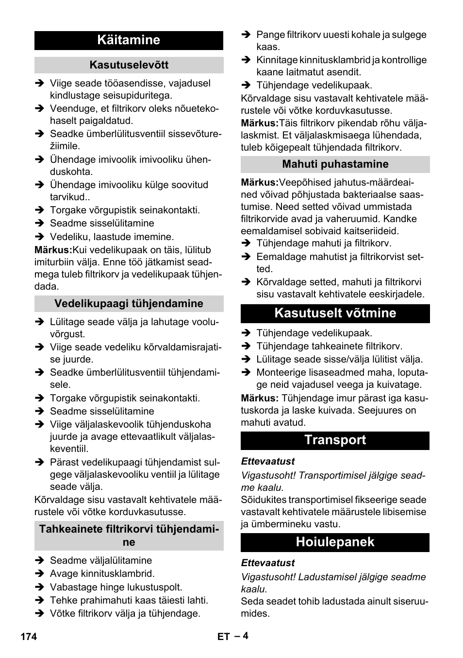 Käitamine, Kasutuselt võtmine transport hoiulepanek | Karcher IVL 120-30 User Manual | Page 174 / 208