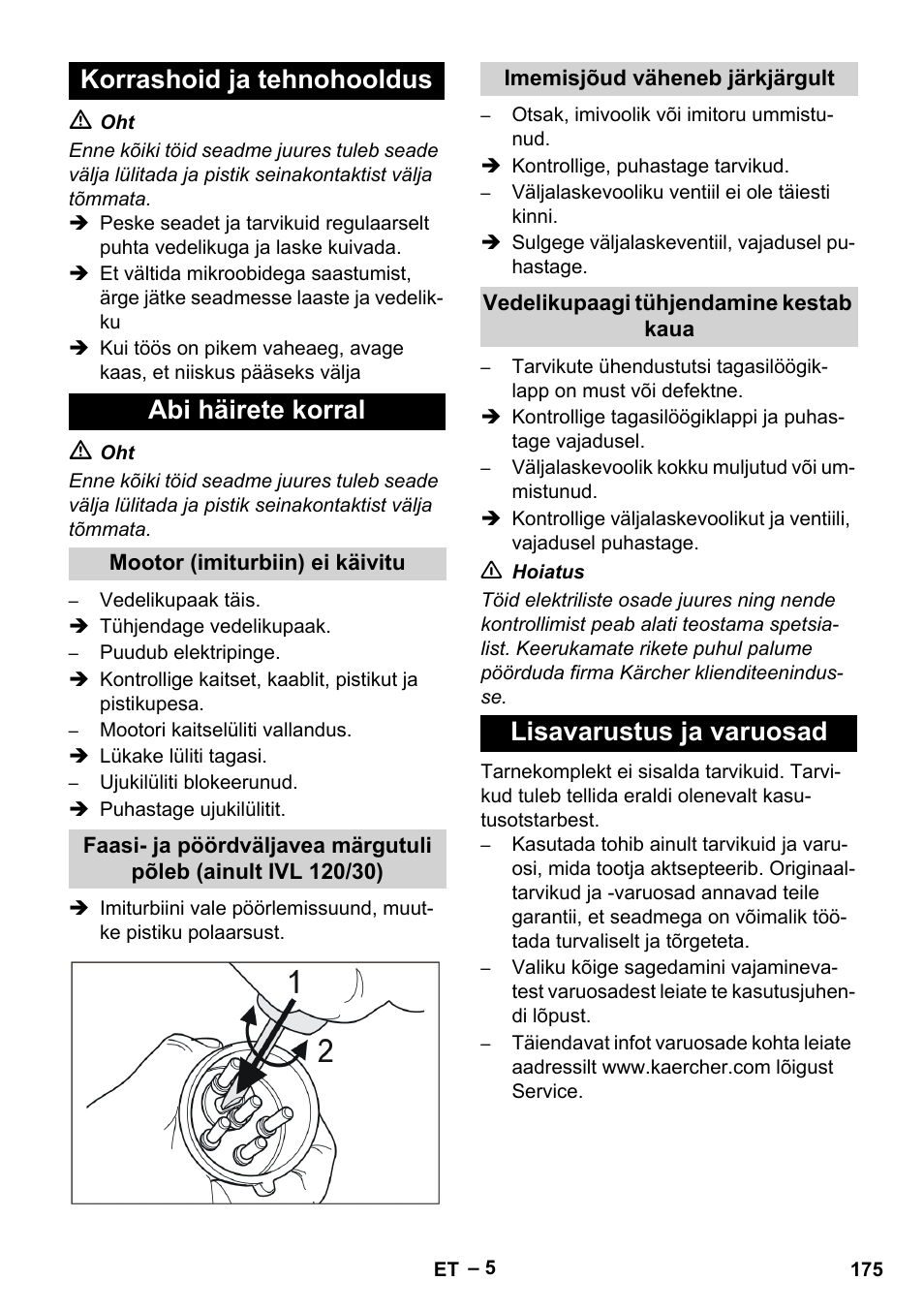 Korrashoid ja tehnohooldus abi häirete korral, Lisavarustus ja varuosad | Karcher IVL 120-30 User Manual | Page 175 / 208