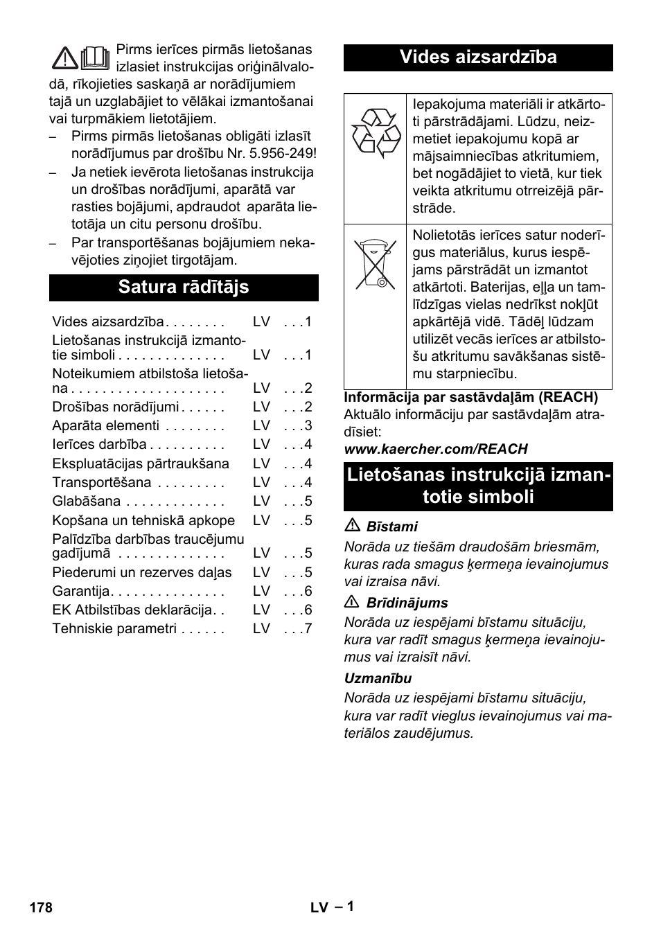 Latviešu, Satura rādītājs, Vides aizsardzība | Lietošanas instrukcijā izman- totie simboli | Karcher IVL 120-30 User Manual | Page 178 / 208