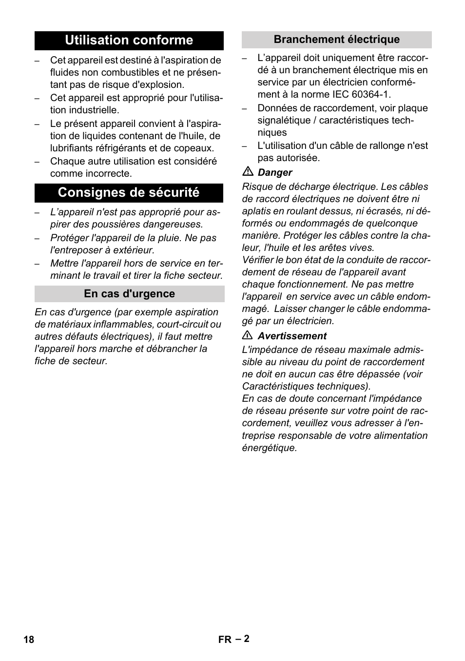Utilisation conforme consignes de sécurité | Karcher IVL 120-30 User Manual | Page 18 / 208