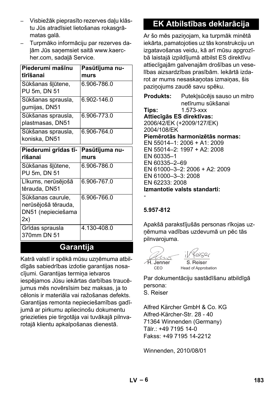 Garantija ek atbilstības deklarācija | Karcher IVL 120-30 User Manual | Page 183 / 208