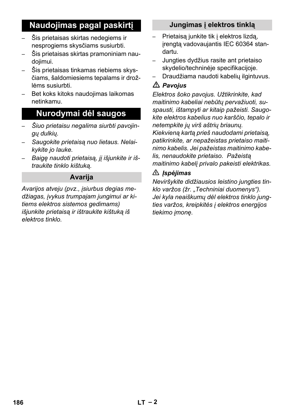 Naudojimas pagal paskirtį nurodymai dėl saugos | Karcher IVL 120-30 User Manual | Page 186 / 208