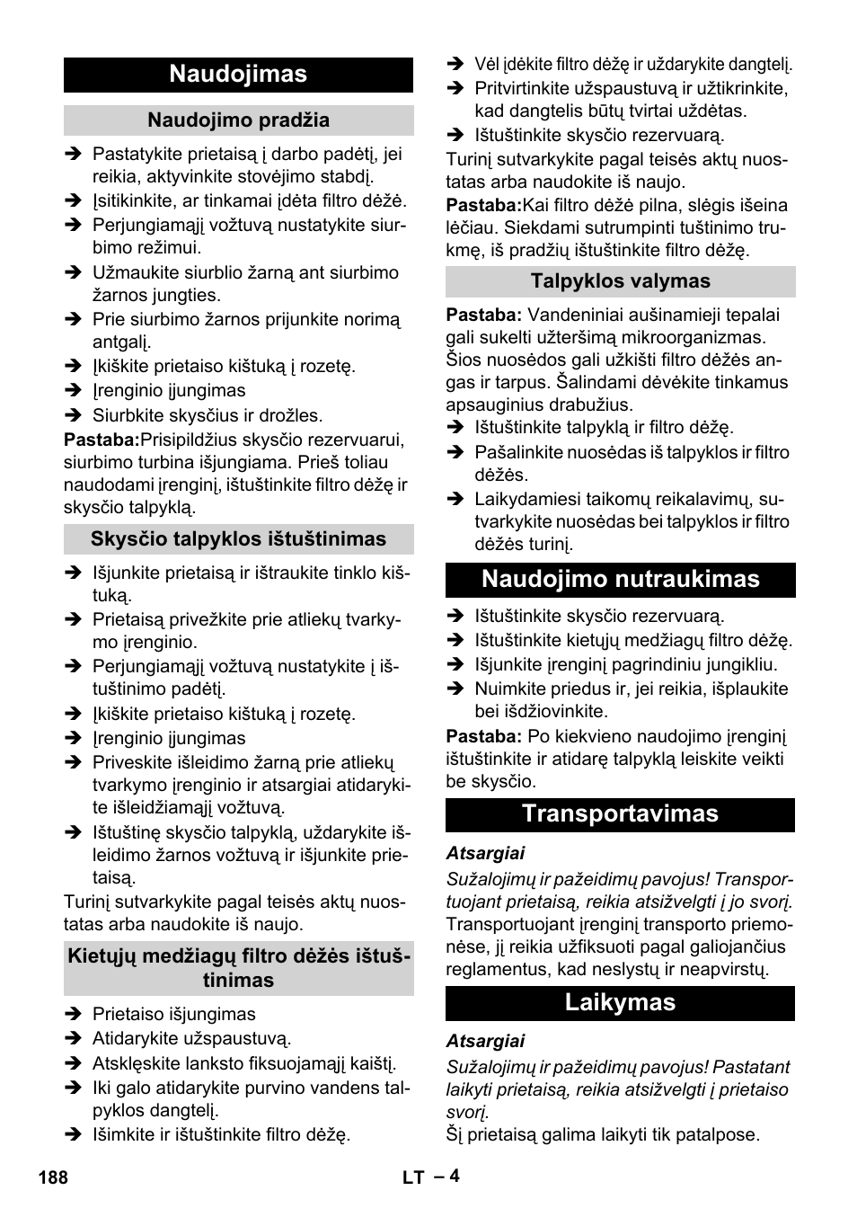 Naudojimas, Naudojimo nutraukimas transportavimas laikymas | Karcher IVL 120-30 User Manual | Page 188 / 208