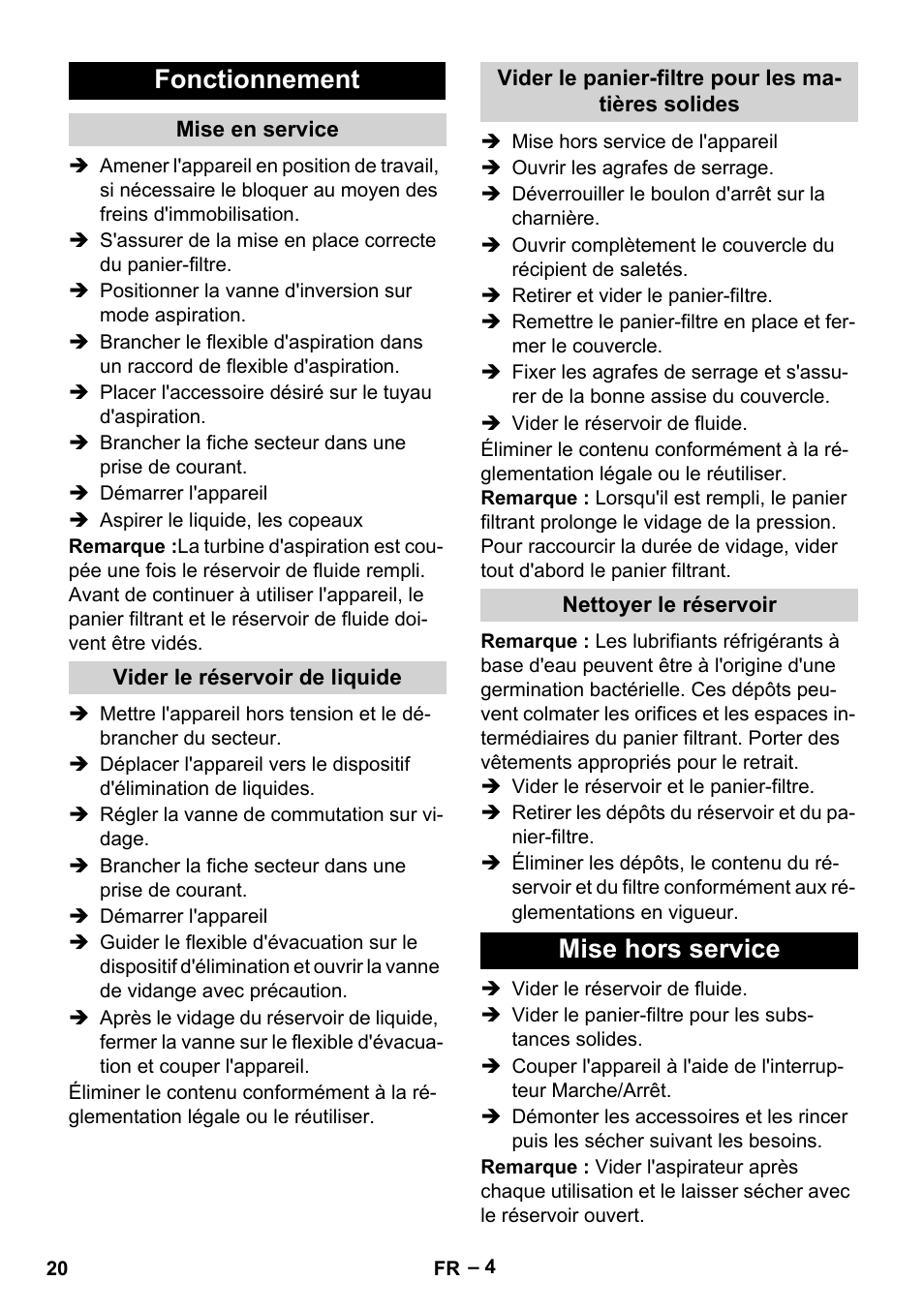 Fonctionnement, Mise hors service | Karcher IVL 120-30 User Manual | Page 20 / 208