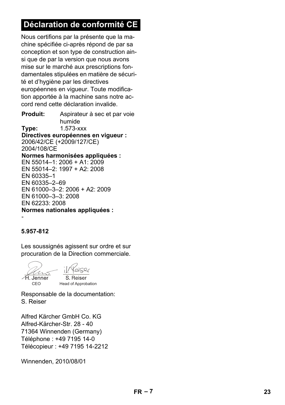 Déclaration de conformité ce | Karcher IVL 120-30 User Manual | Page 23 / 208