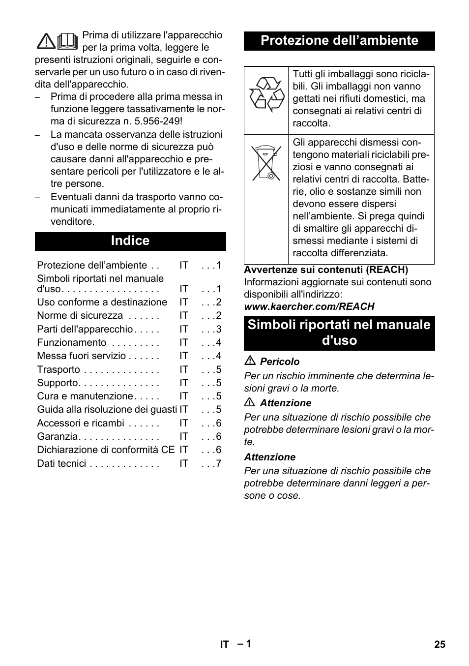 Italiano, Indice, Protezione dell’ambiente | Simboli riportati nel manuale d'uso | Karcher IVL 120-30 User Manual | Page 25 / 208