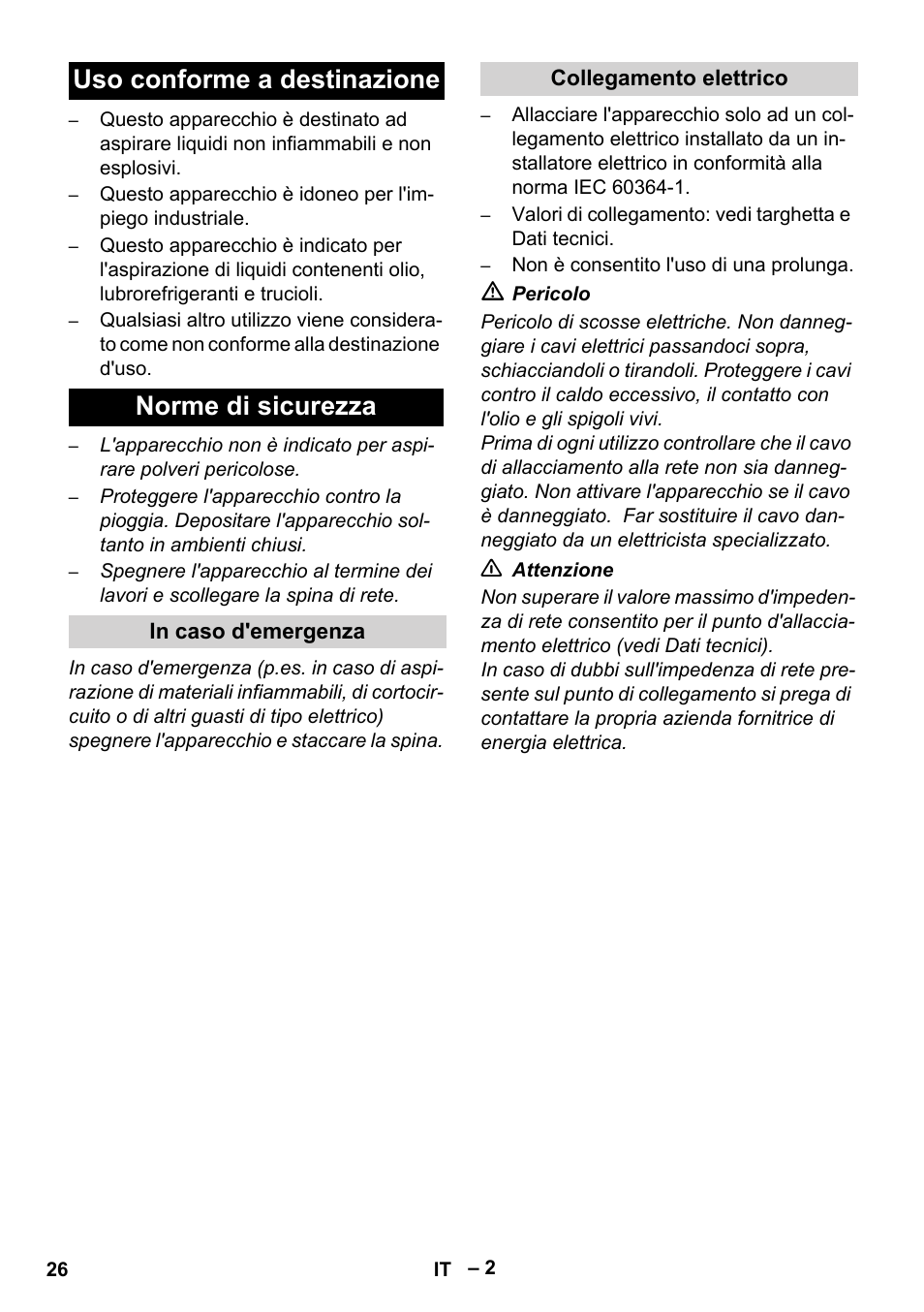 Uso conforme a destinazione norme di sicurezza | Karcher IVL 120-30 User Manual | Page 26 / 208