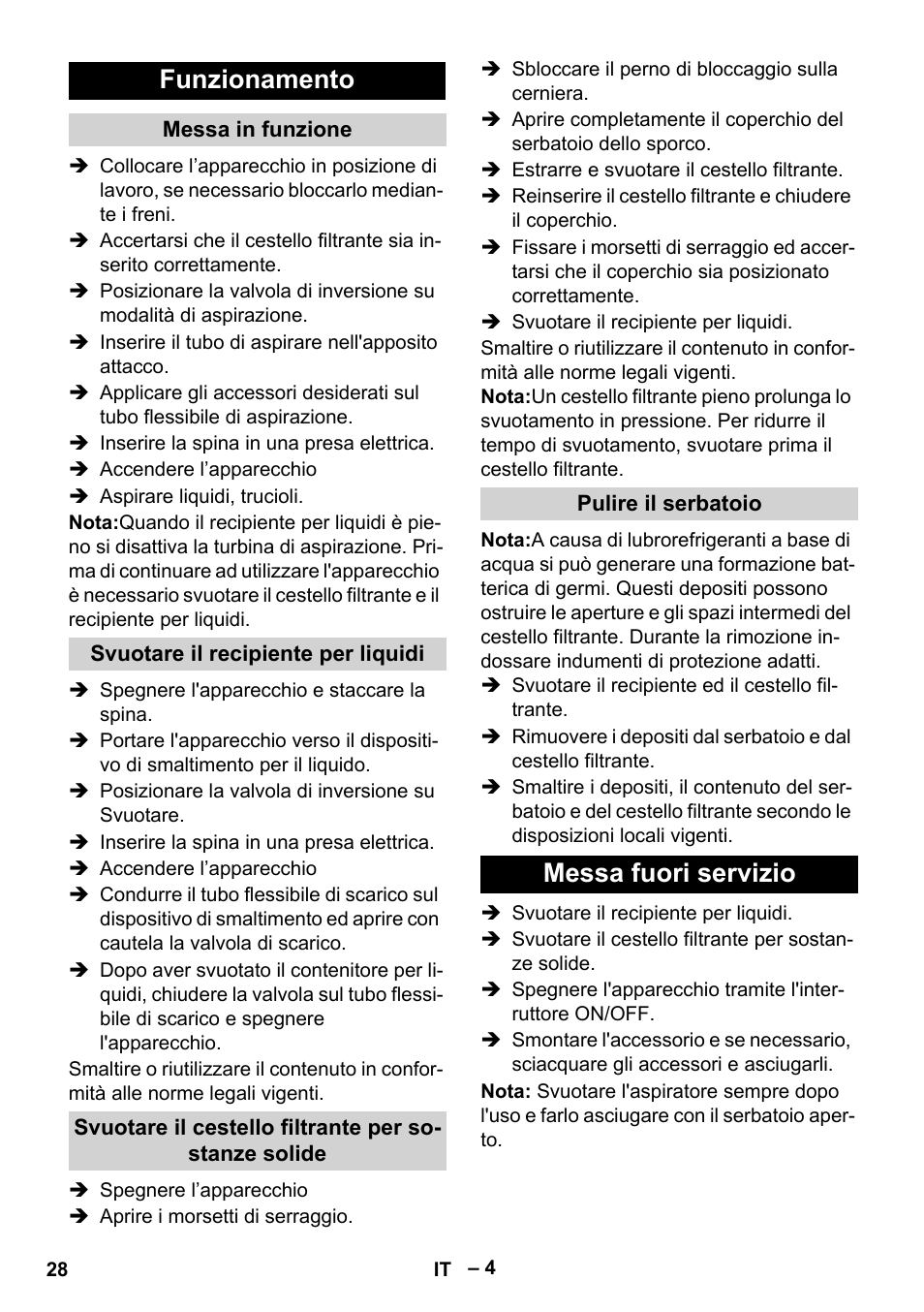 Funzionamento, Messa fuori servizio | Karcher IVL 120-30 User Manual | Page 28 / 208