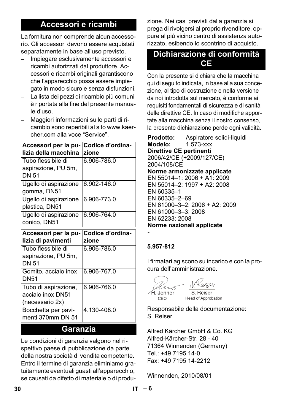 Accessori e ricambi, Garanzia dichiarazione di conformità ce | Karcher IVL 120-30 User Manual | Page 30 / 208