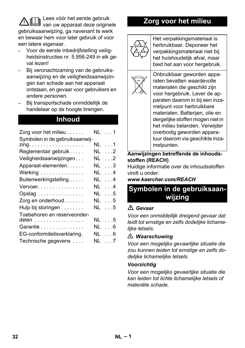 Nederlands, Inhoud, Zorg voor het milieu | Symbolen in de gebruiksaan- wijzing | Karcher IVL 120-30 User Manual | Page 32 / 208