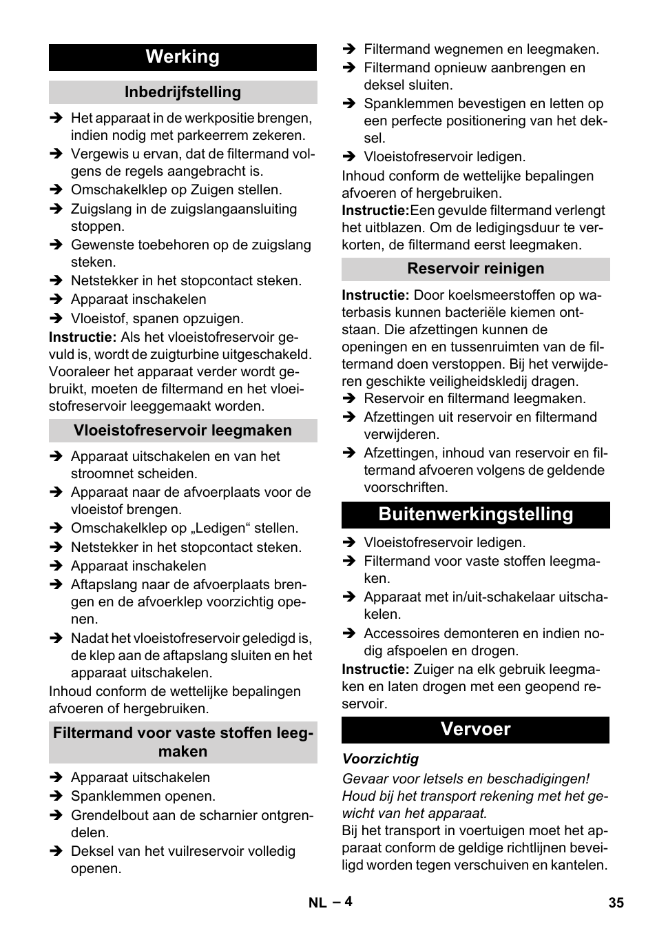 Werking, Buitenwerkingstelling vervoer | Karcher IVL 120-30 User Manual | Page 35 / 208