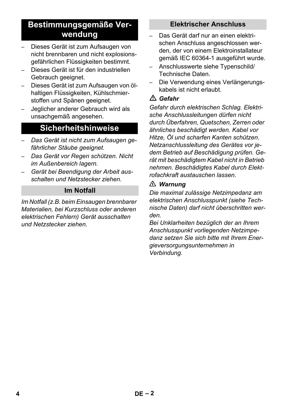 Bestimmungsgemäße ver- wendung sicherheitshinweise | Karcher IVL 120-30 User Manual | Page 4 / 208