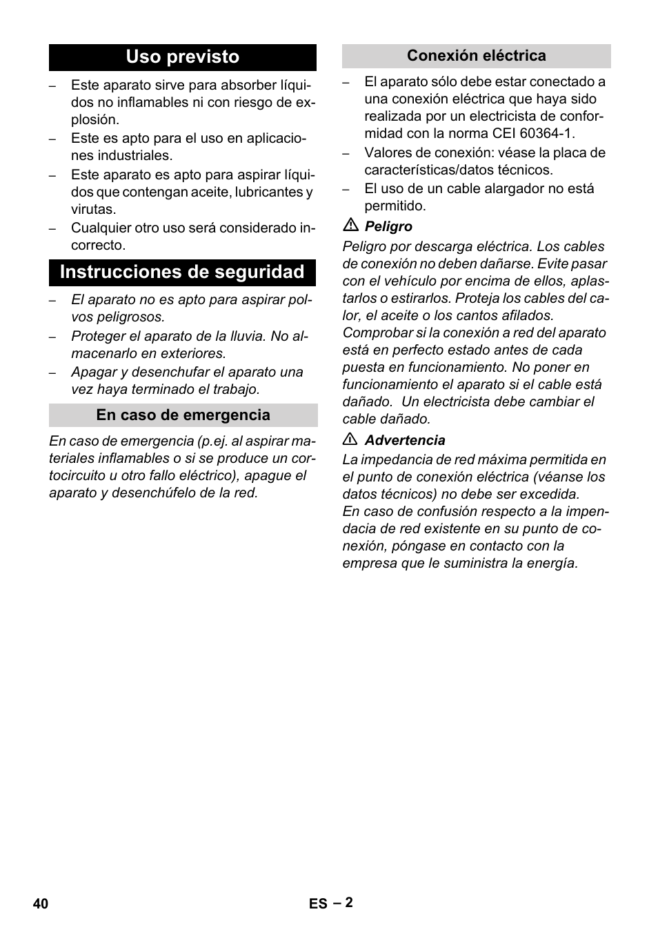 Uso previsto instrucciones de seguridad | Karcher IVL 120-30 User Manual | Page 40 / 208
