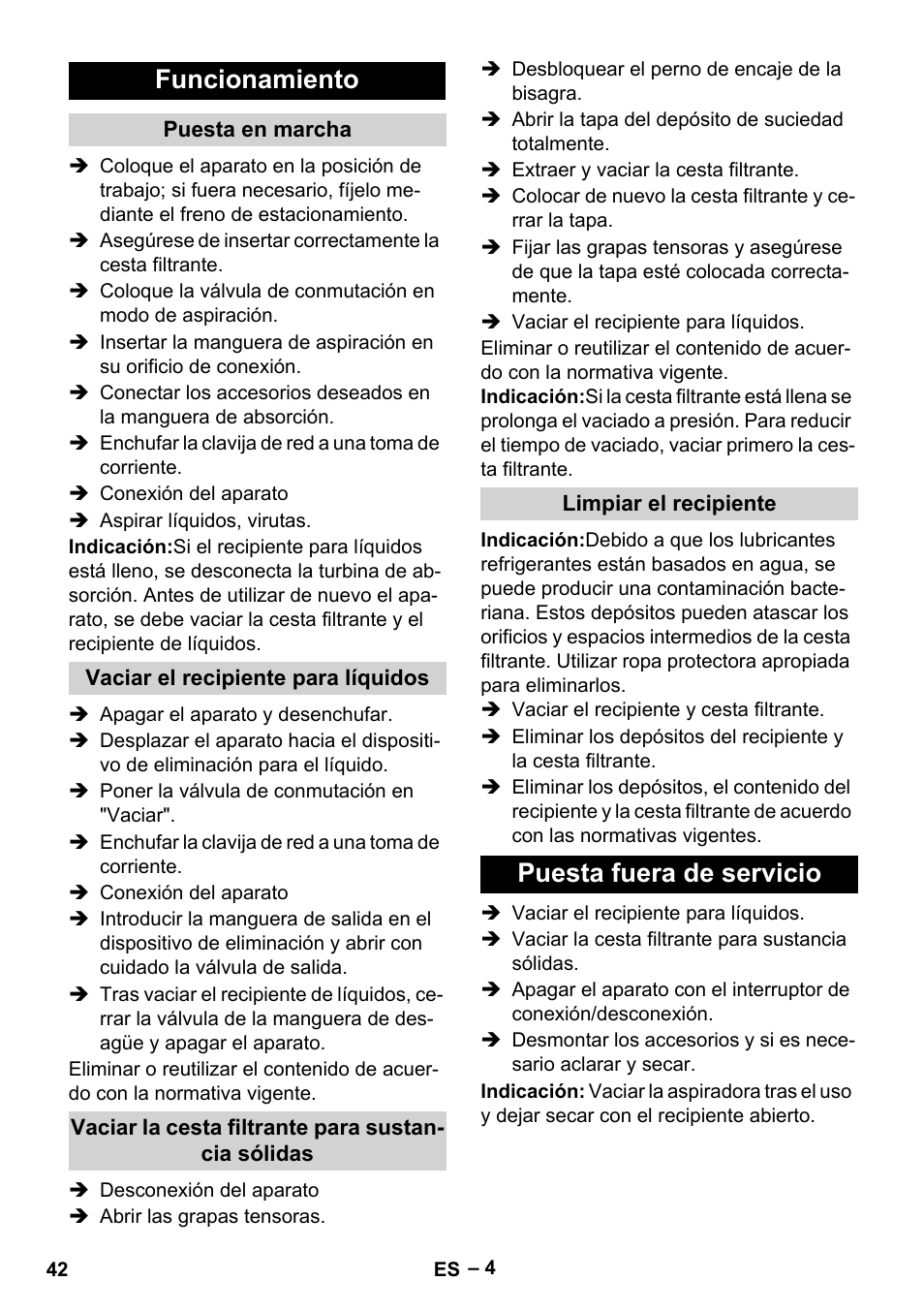 Funcionamiento, Puesta fuera de servicio | Karcher IVL 120-30 User Manual | Page 42 / 208