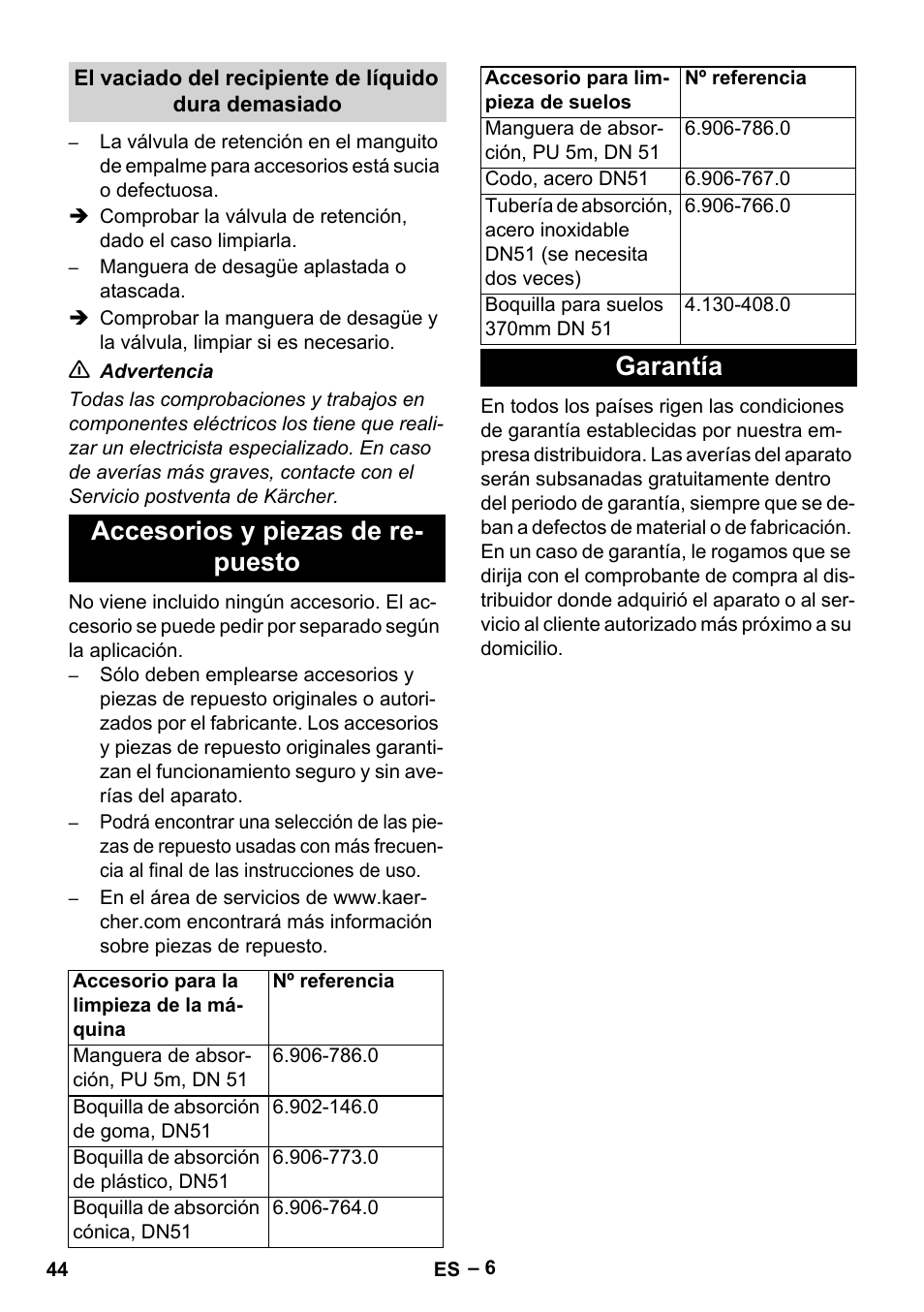 Accesorios y piezas de re- puesto, Garantía | Karcher IVL 120-30 User Manual | Page 44 / 208