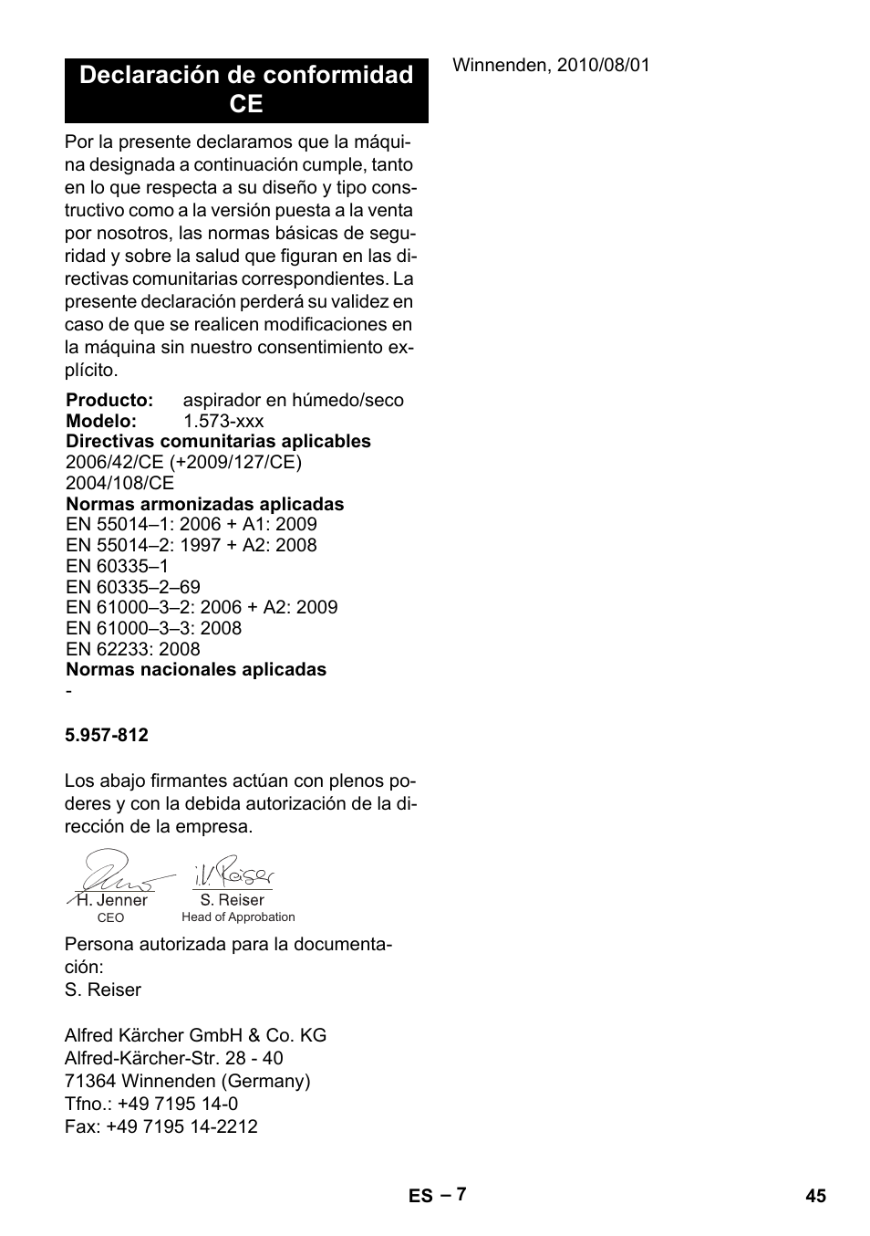 Declaración de conformidad ce | Karcher IVL 120-30 User Manual | Page 45 / 208