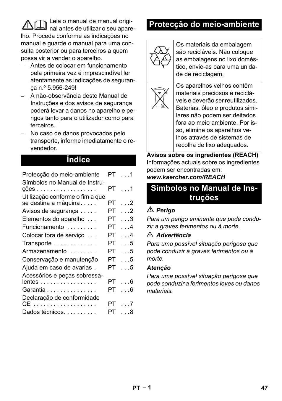 Português, Índice, Protecção do meio-ambiente | Símbolos no manual de ins- truções | Karcher IVL 120-30 User Manual | Page 47 / 208