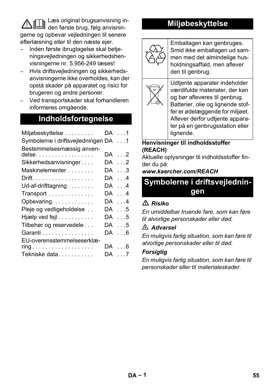 Dansk, Indholdsfortegnelse, Miljøbeskyttelse | Symbolerne i driftsvejlednin- gen | Karcher IVL 120-30 User Manual | Page 55 / 208