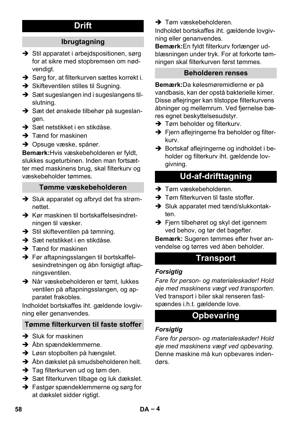 Drift, Ud-af-drifttagning transport opbevaring | Karcher IVL 120-30 User Manual | Page 58 / 208