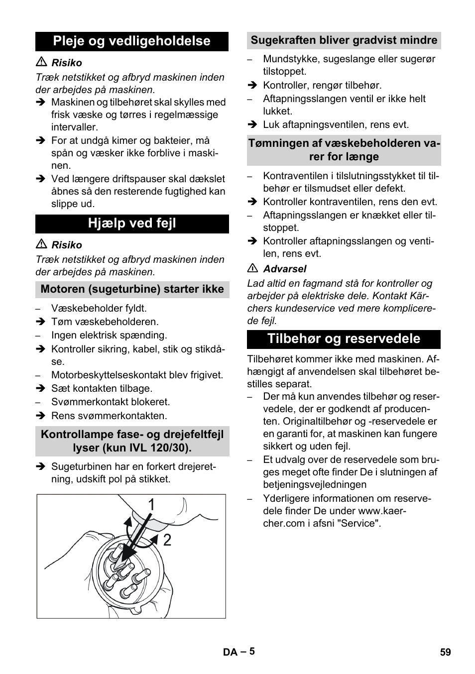 Pleje og vedligeholdelse hjælp ved fejl, Tilbehør og reservedele | Karcher IVL 120-30 User Manual | Page 59 / 208