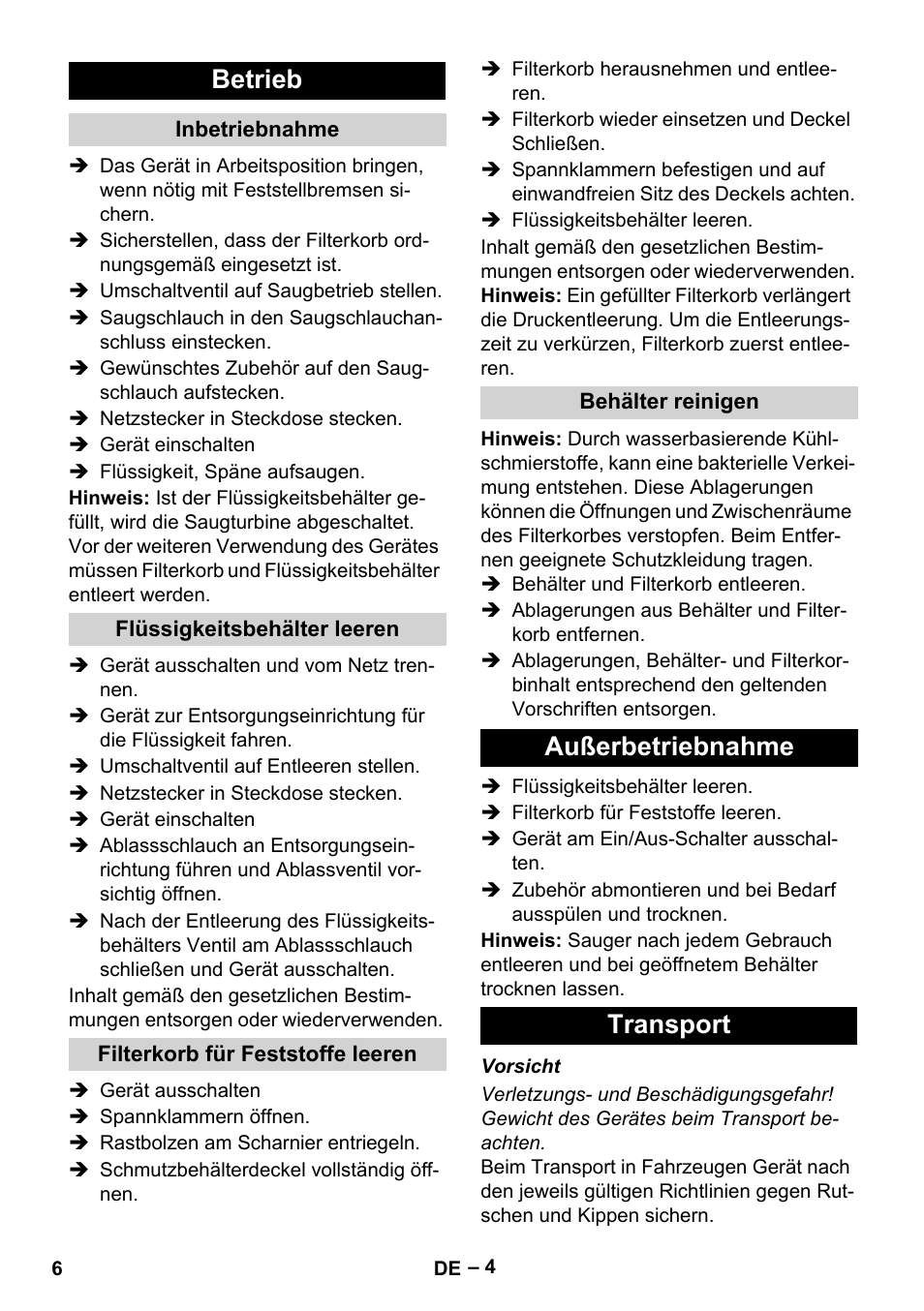 Betrieb, Außerbetriebnahme transport | Karcher IVL 120-30 User Manual | Page 6 / 208