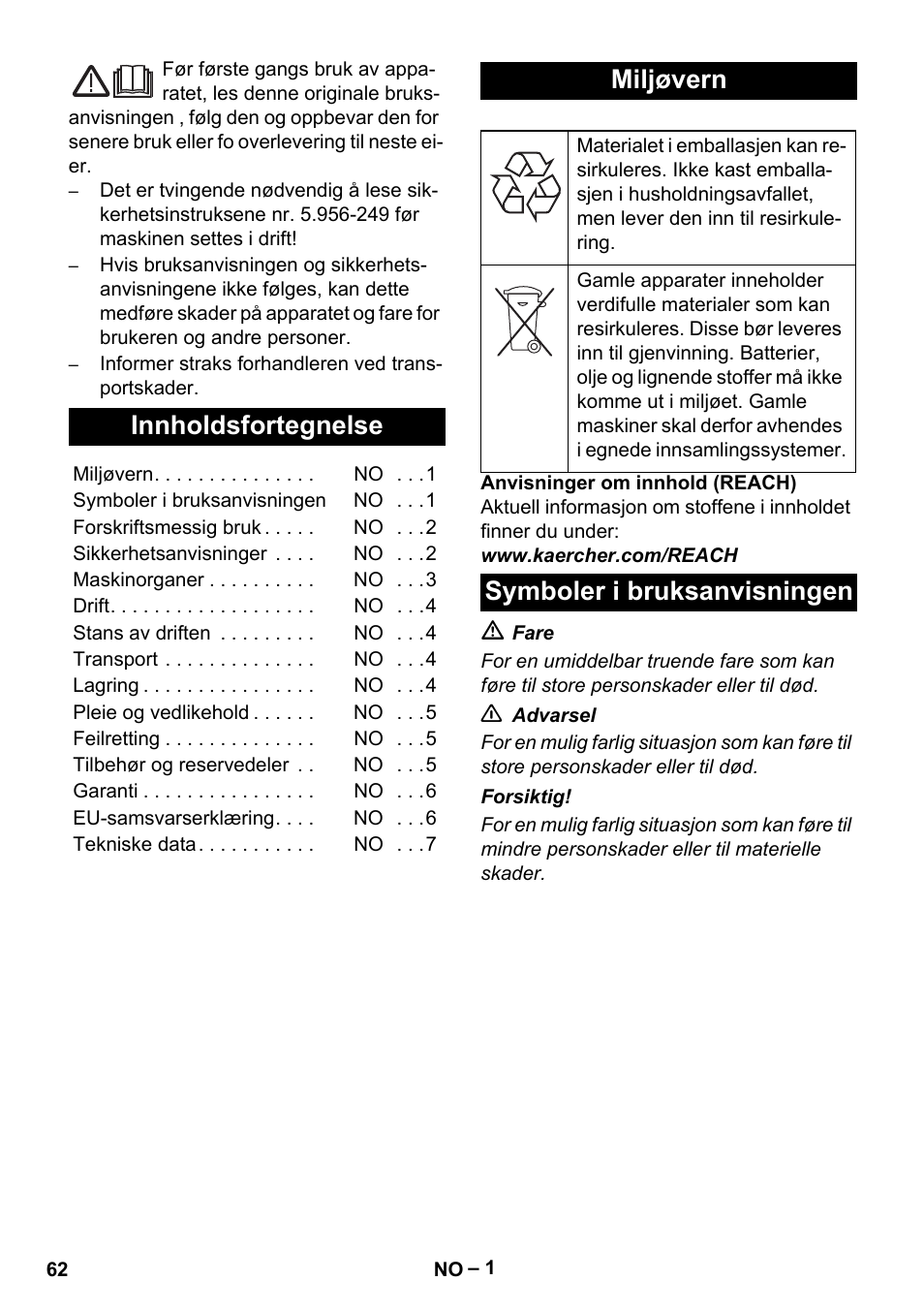 Norsk, Innholdsfortegnelse, Miljøvern | Symboler i bruksanvisningen | Karcher IVL 120-30 User Manual | Page 62 / 208