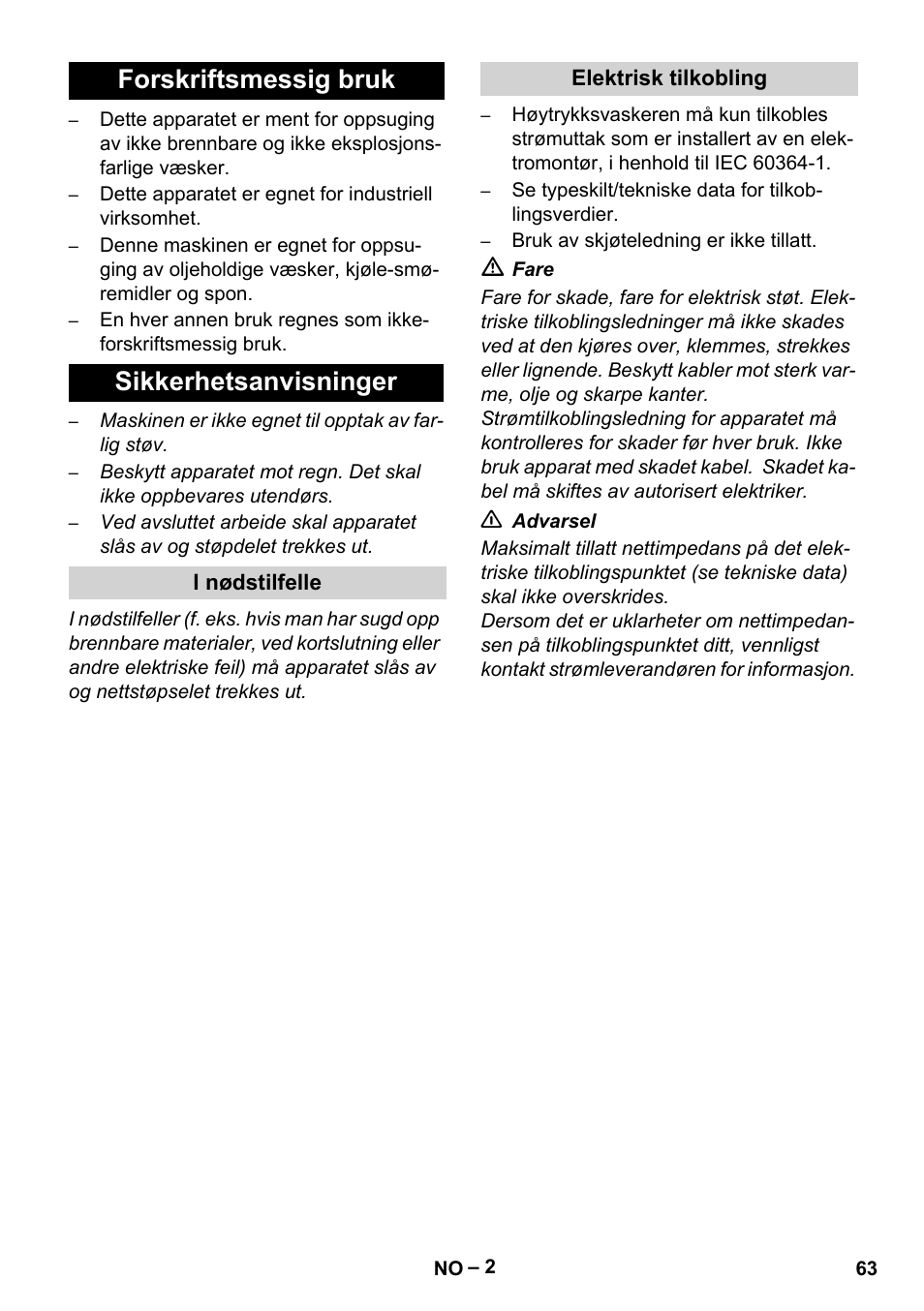 Forskriftsmessig bruk sikkerhetsanvisninger | Karcher IVL 120-30 User Manual | Page 63 / 208