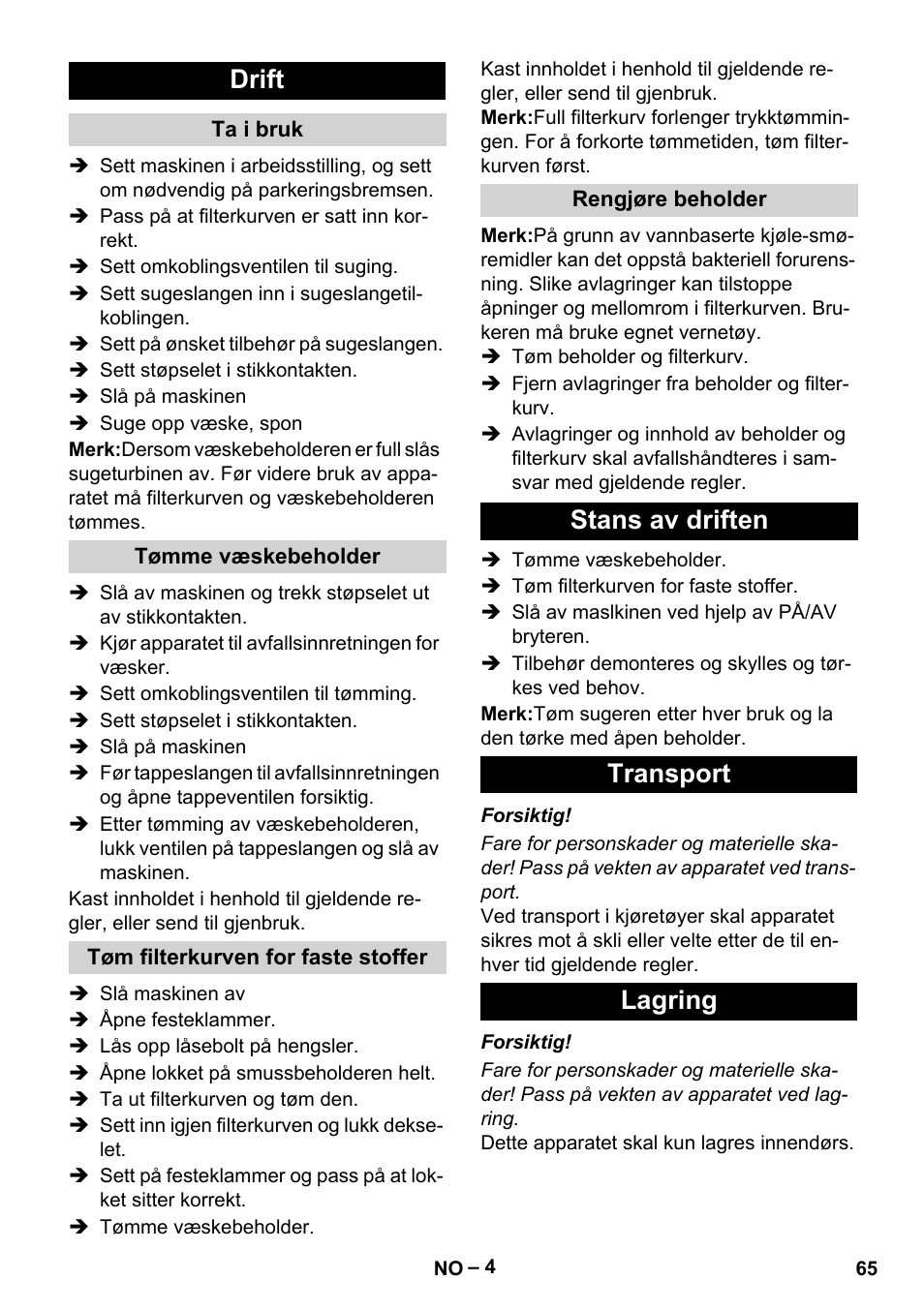 Drift, Stans av driften transport lagring | Karcher IVL 120-30 User Manual | Page 65 / 208