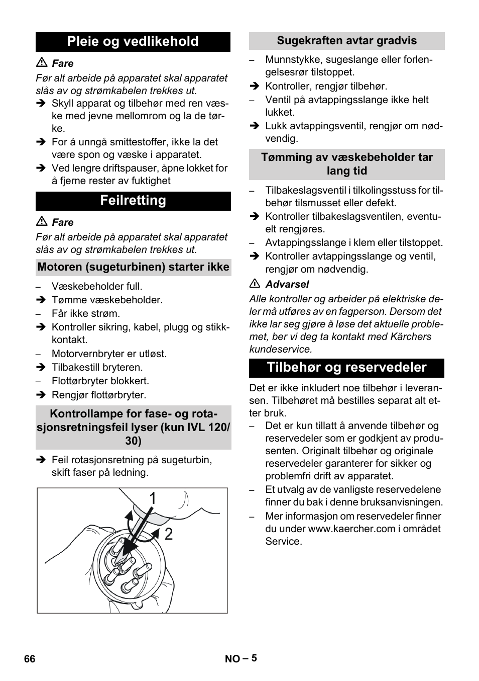 Pleie og vedlikehold feilretting, Tilbehør og reservedeler | Karcher IVL 120-30 User Manual | Page 66 / 208