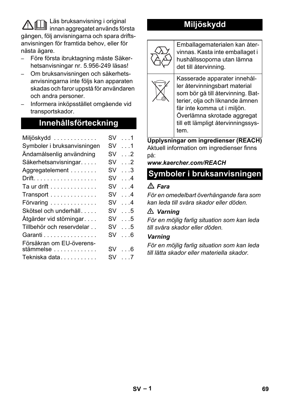 Svenska, Innehållsförteckning, Miljöskydd | Symboler i bruksanvisningen | Karcher IVL 120-30 User Manual | Page 69 / 208