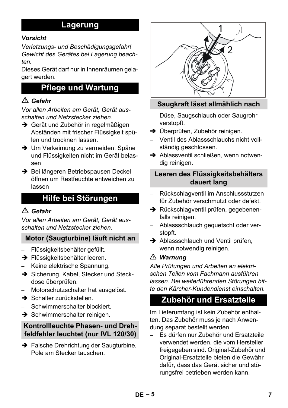 Lagerung pflege und wartung hilfe bei störungen, Zubehör und ersatzteile | Karcher IVL 120-30 User Manual | Page 7 / 208