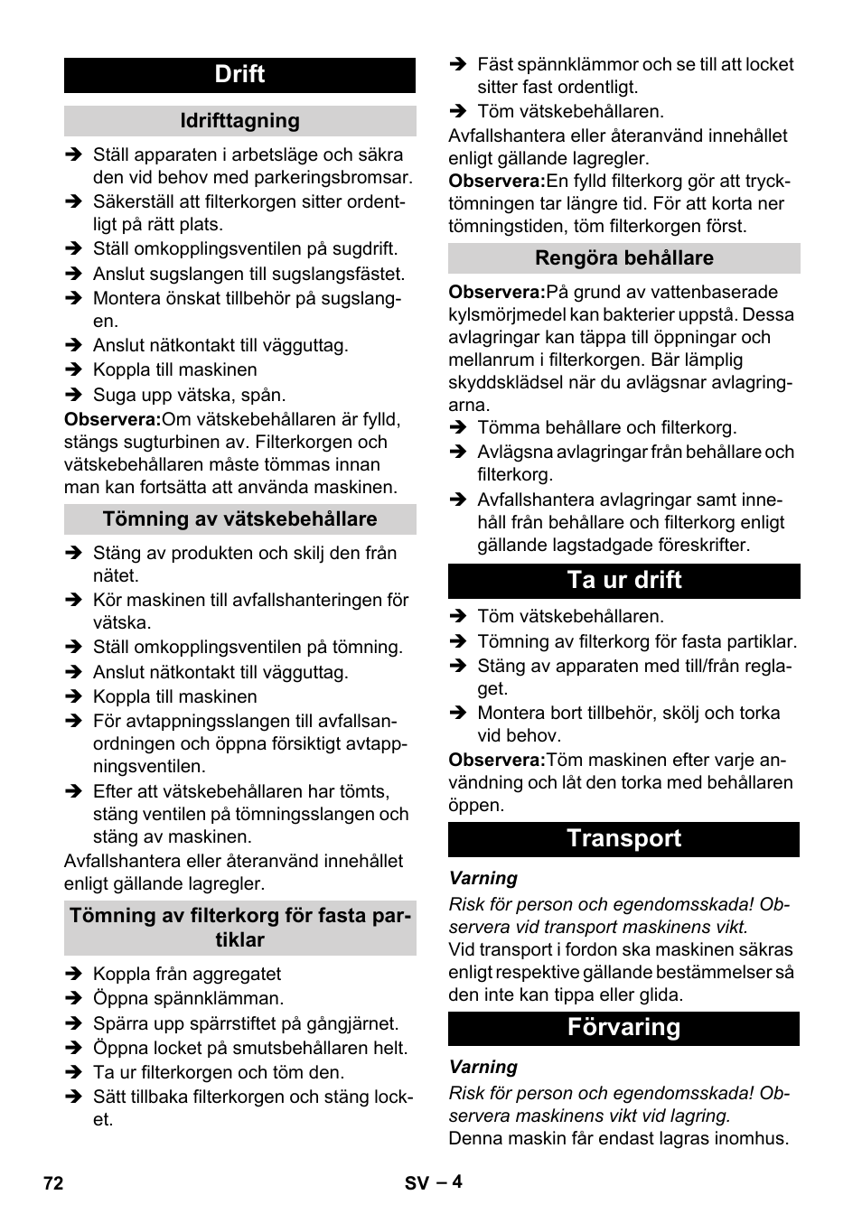 Drift, Ta ur drift transport förvaring | Karcher IVL 120-30 User Manual | Page 72 / 208