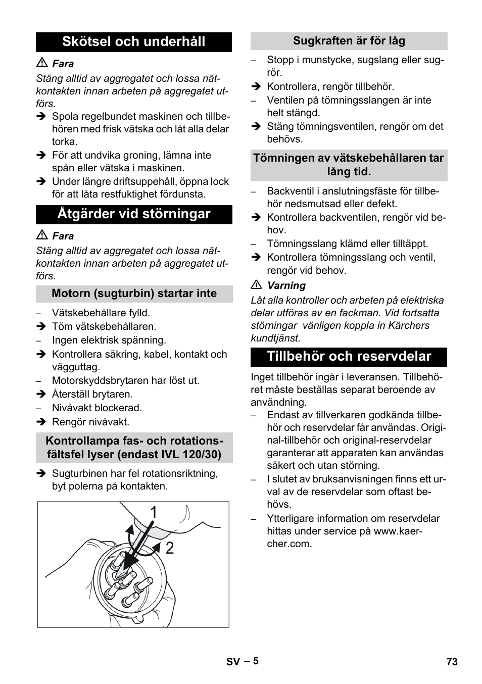 Skötsel och underhåll åtgärder vid störningar, Tillbehör och reservdelar | Karcher IVL 120-30 User Manual | Page 73 / 208