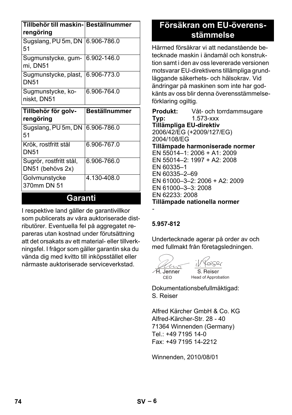 Garanti försäkran om eu-överens- stämmelse | Karcher IVL 120-30 User Manual | Page 74 / 208