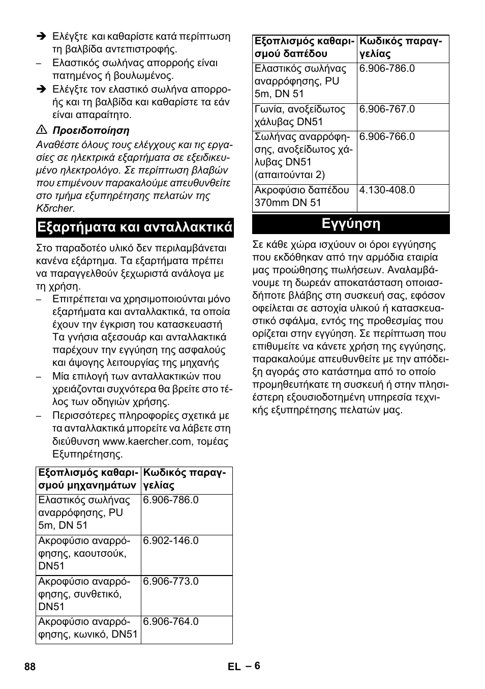 Εξαρτήματα και ανταλλακτικά, Εγγύηση | Karcher IVL 120-30 User Manual | Page 88 / 208
