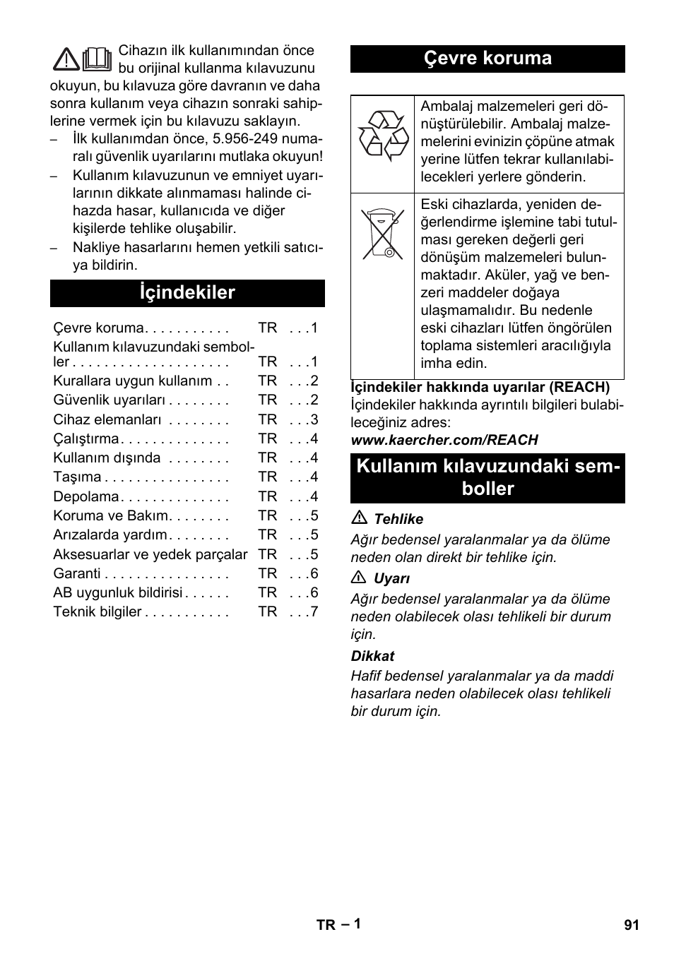 Türkçe, Içindekiler, Çevre koruma | Kullanım kılavuzundaki sem- boller | Karcher IVL 120-30 User Manual | Page 91 / 208