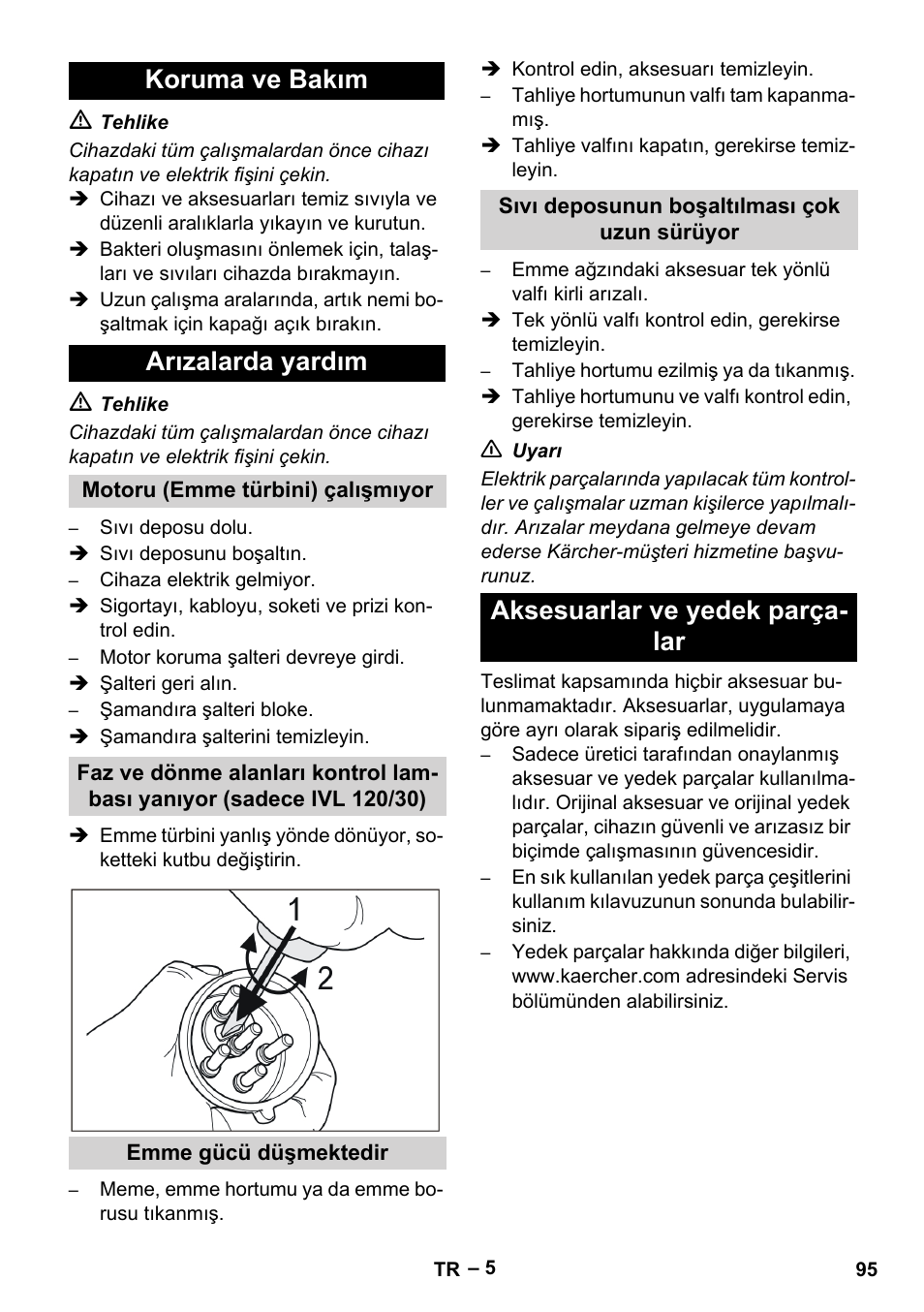 Koruma ve bakım arızalarda yardım, Aksesuarlar ve yedek parça- lar | Karcher IVL 120-30 User Manual | Page 95 / 208