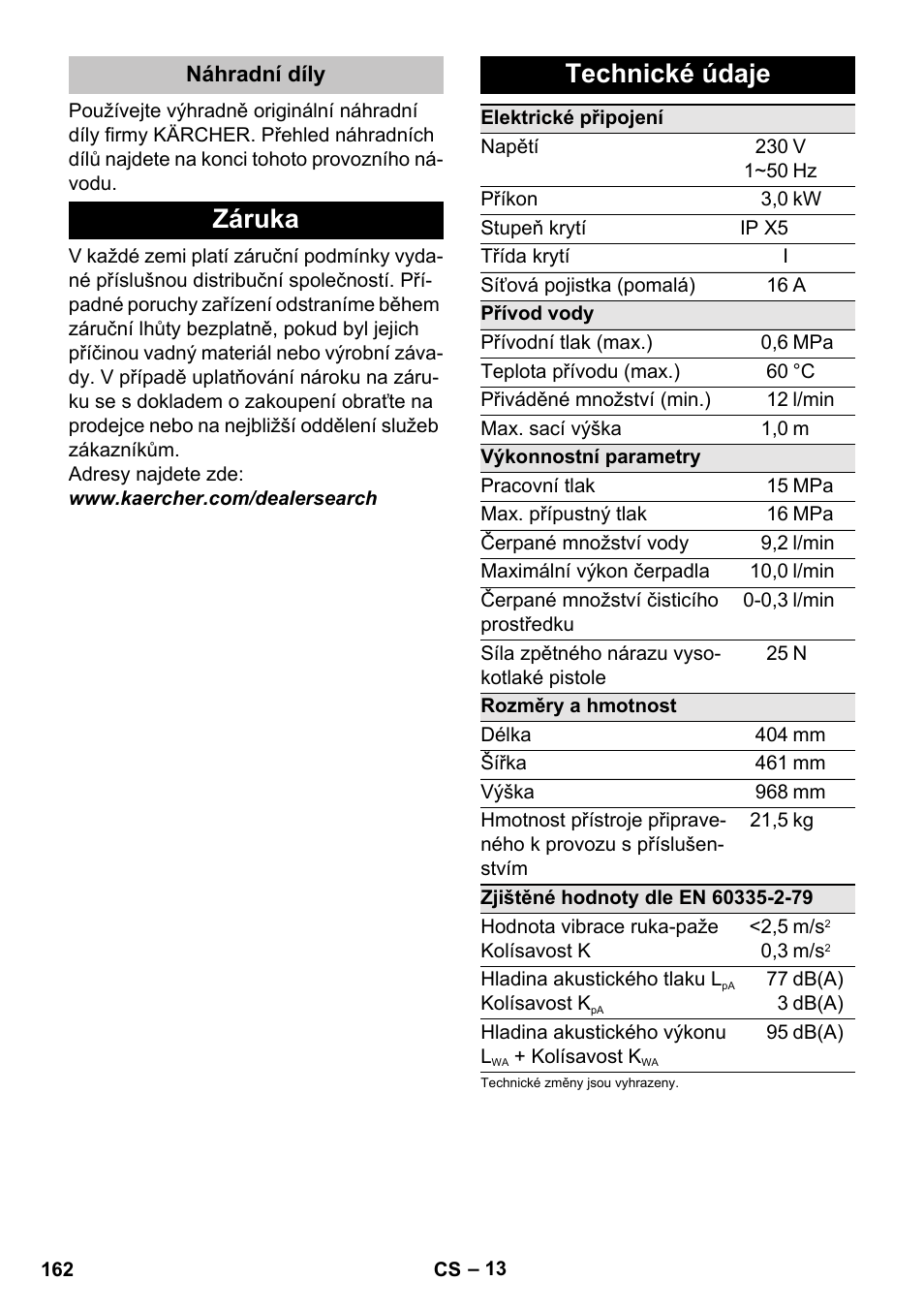 Náhradní díly, Záruka, Technické údaje | Záruka technické údaje | Karcher K 7 User Manual | Page 162 / 288