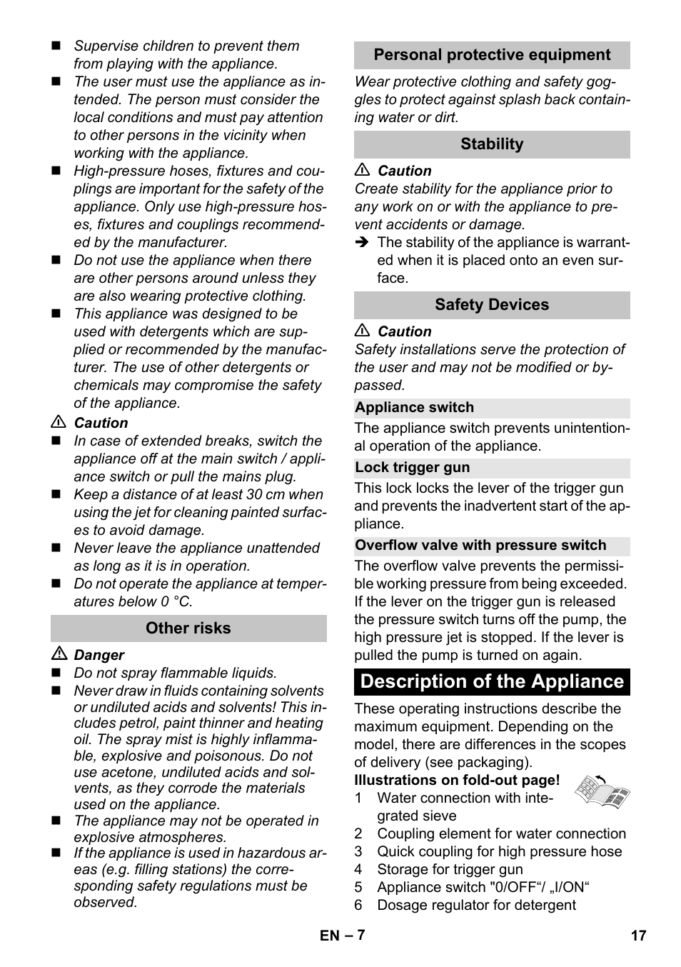 Other risks, Personal protective equipment, Stability | Safety devices, Appliance switch, Lock trigger gun, Overflow valve with pressure switch, Description of the appliance | Karcher K 7 User Manual | Page 17 / 288