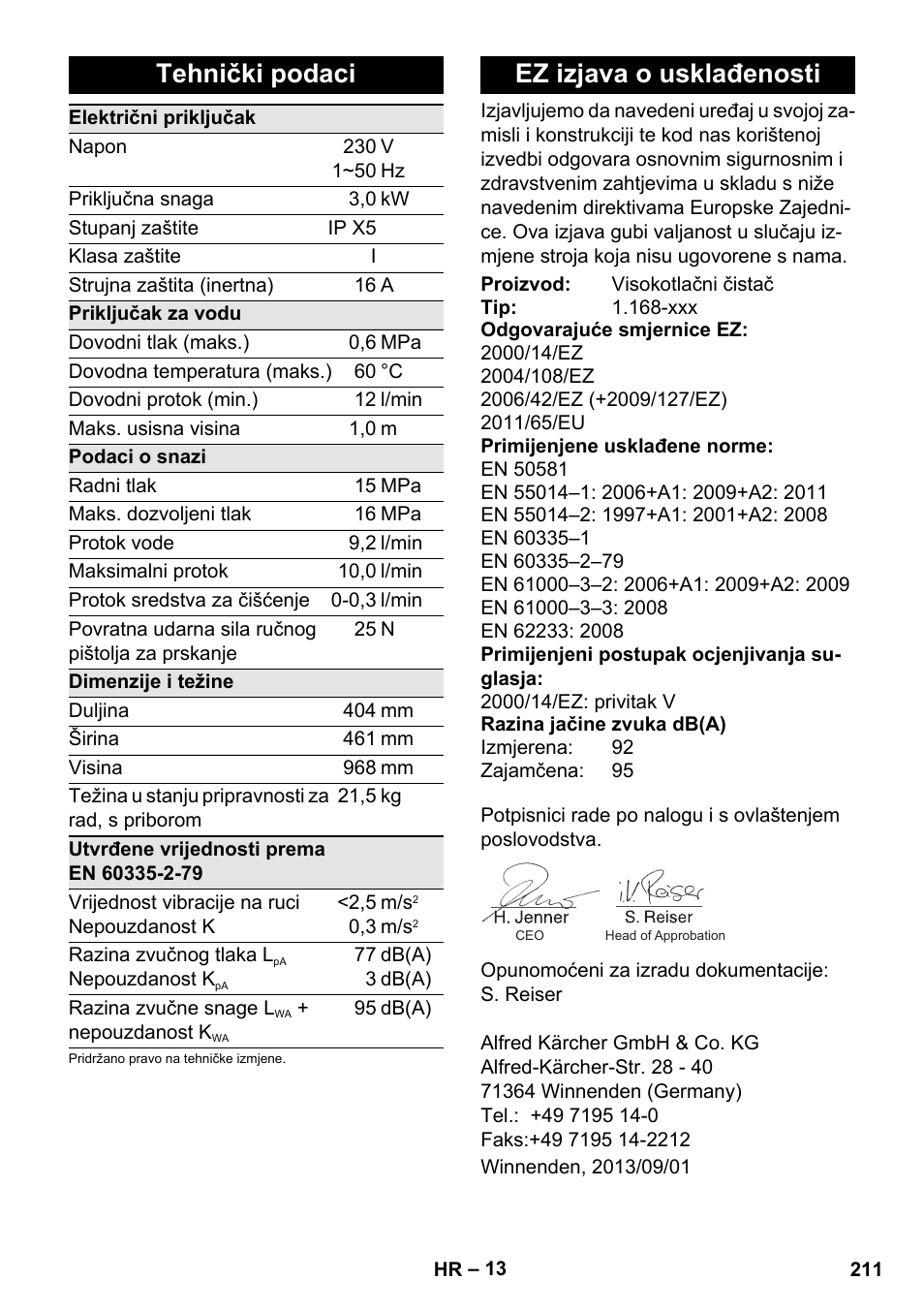 Tehnički podaci, Ez izjava o usklađenosti | Karcher K 7 User Manual | Page 211 / 288